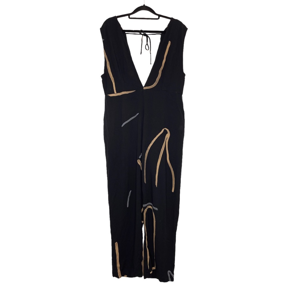 Paloma Wool Black Plunge Neck Abstract Strokes Jumpsuit - Large